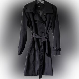 Calvin Klein Double Breasted Belted Rain Coat, Black, Size Small